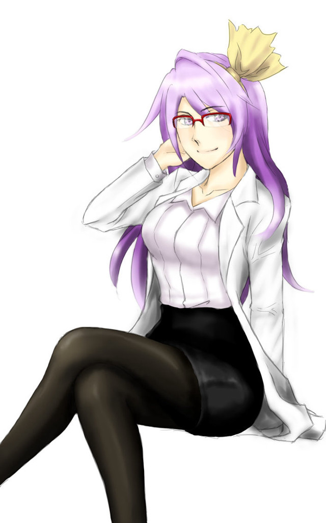 Purple hair glasses sitting labcoat free wallpaper for mobile - medium preview image