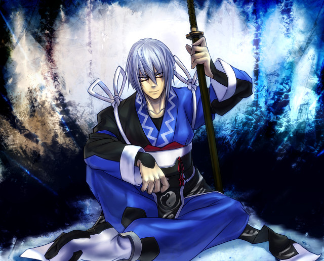 Man blue outfit sword stick free wallpaper for desktop - medium preview image