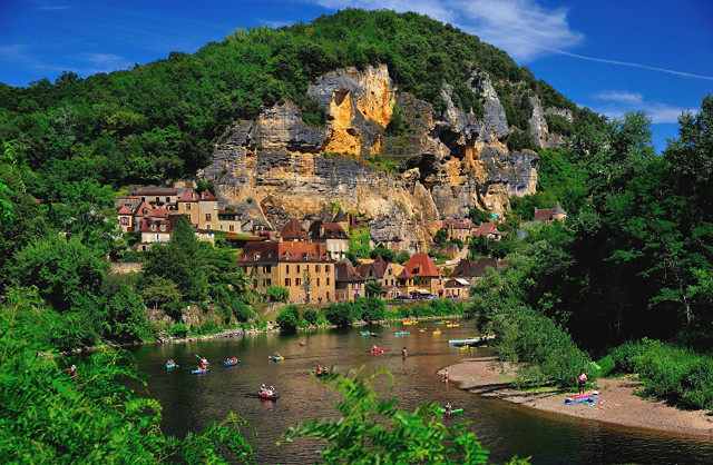 River village mountain boats scenery free wallpaper for desktop - medium preview image