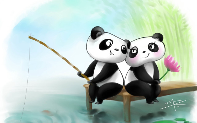 Pandas bench fishing pole flowers free wallpaper for desktop - medium preview image