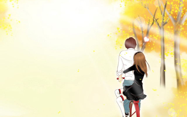 Couple biking fall leaves yellow free wallpaper for desktop - medium preview image