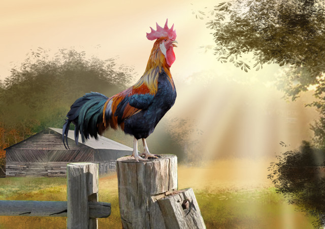 Rooster standing post field barn free wallpaper for desktop - medium preview image