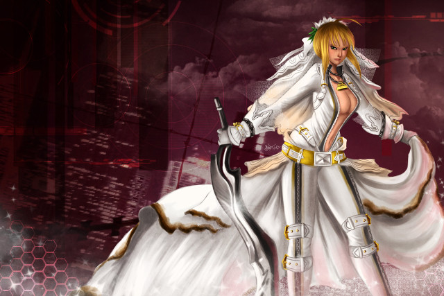 Woman white dress sword gold free wallpaper for desktop - medium preview image