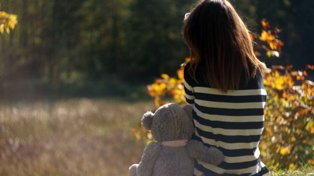 Woman bench teddy bear forest free wallpaper for desktop - medium preview image