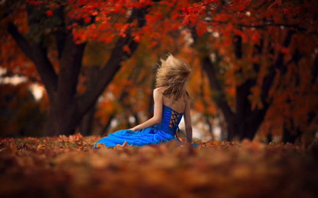 Woman blue dress autumn leaves #2 free wallpaper for desktop - medium preview image