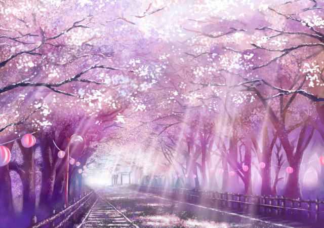 Purple forest train track cherry free wallpaper for desktop - medium preview image