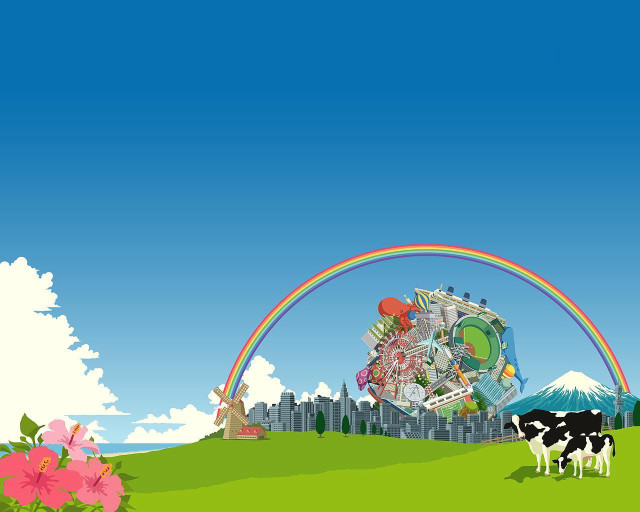 Cow rainbow field building sky free wallpaper for desktop - medium preview image