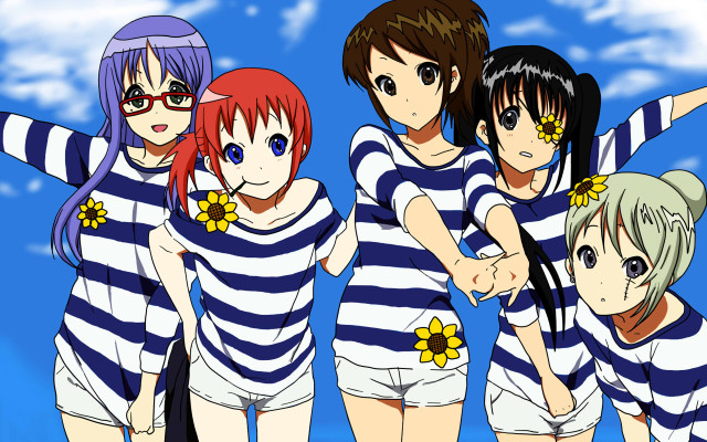 Anime girls striped shirts shorts free wallpaper for desktop - medium preview image