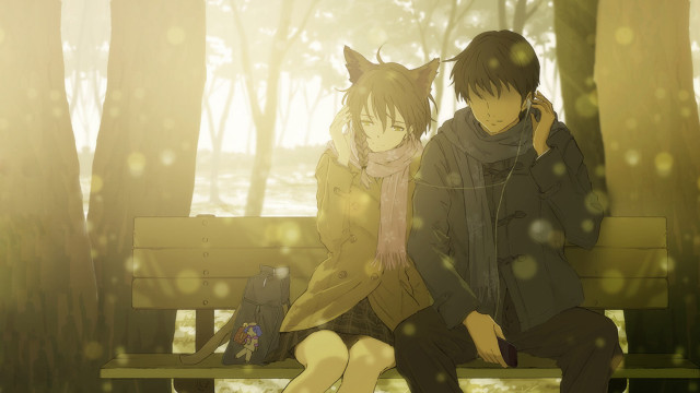 Couple bench woods cat head free wallpaper for desktop - medium preview image