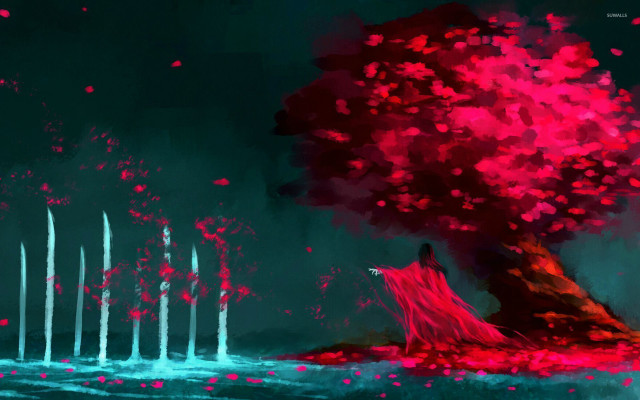 Woman tree red leaves candles free wallpaper for desktop - medium preview image