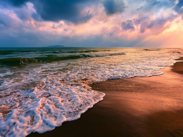 Beach sunset waves clouds mountain free wallpaper for desktop - medium preview image