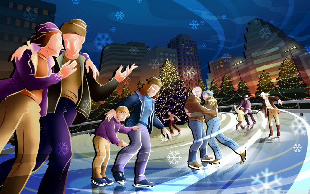 Night skating city snowflakes rink free wallpaper for desktop - medium preview image