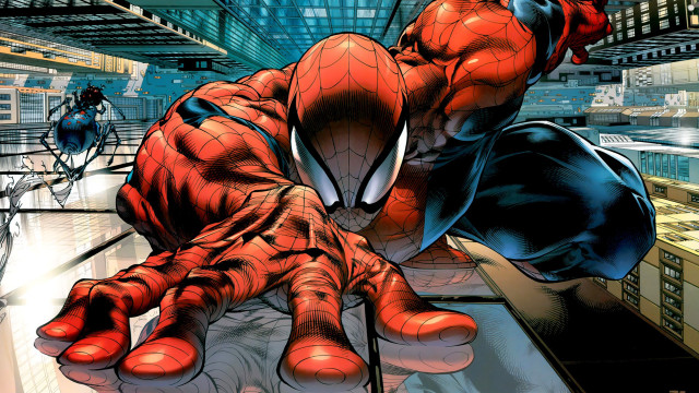Spider man leans table city free wallpaper for desktop - medium preview image
