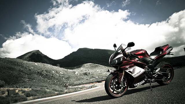 Red motorcycle parked road mountains free wallpaper for desktop - medium preview image