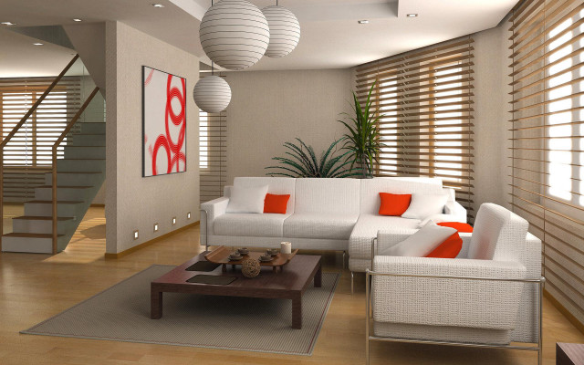 Living room white couch orange free wallpaper for desktop - medium preview image
