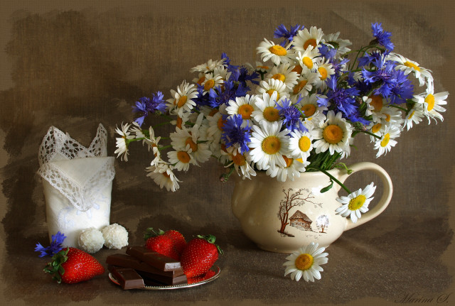 Vase flowers strawberries chocolate cake free wallpaper for desktop - medium preview image