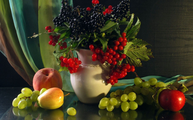 Vase filled fruit window curtain free wallpaper for desktop - medium preview image