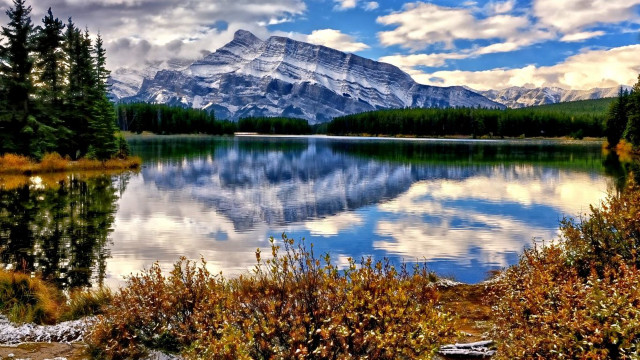 Mountain range lake trees shrubs free wallpaper for desktop - medium preview image