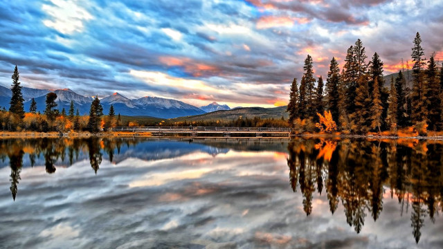 Lake trees mountains cloudy sky free wallpaper for desktop - medium preview image