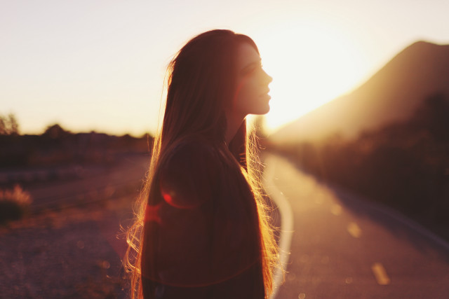Woman sunset road hair blowing free wallpaper for desktop - medium preview image