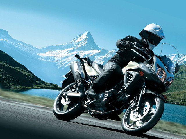 Mountain lake motorcycle riding outdoors free wallpaper for desktop - medium preview image