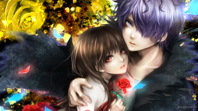 Anime couple hugging flowers background free wallpaper for desktop - medium preview image