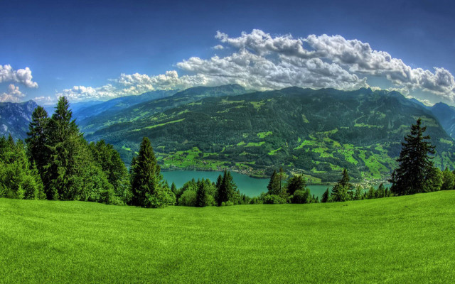 Scenic green valley lake mountains free wallpaper for desktop - medium preview image