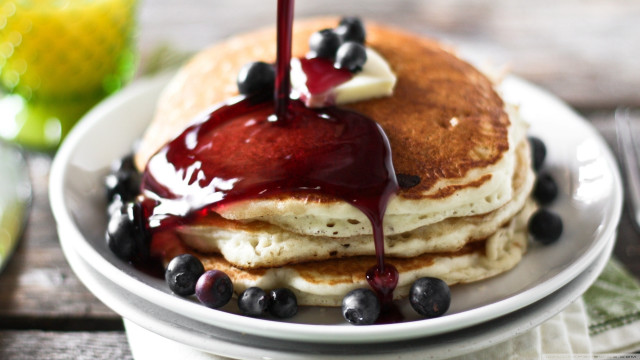 Pancakes blueberries syrup plate fork #4 free wallpaper for desktop - medium preview image