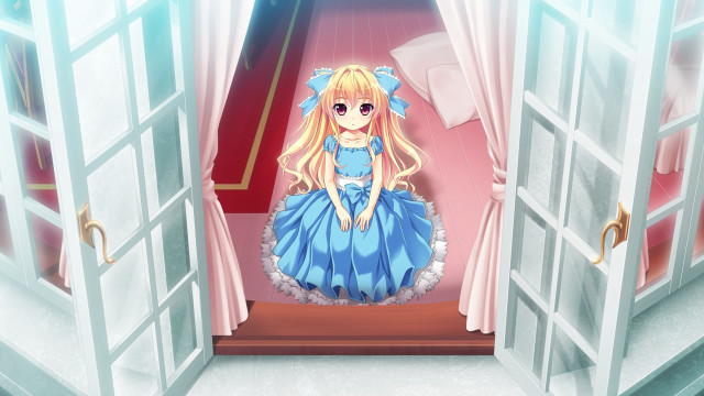 Cartoon girl blue dress doorway free wallpaper for desktop - medium preview image