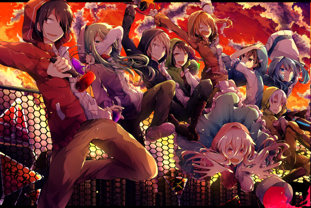 Anime characters bench fire sky free wallpaper for desktop - medium preview image