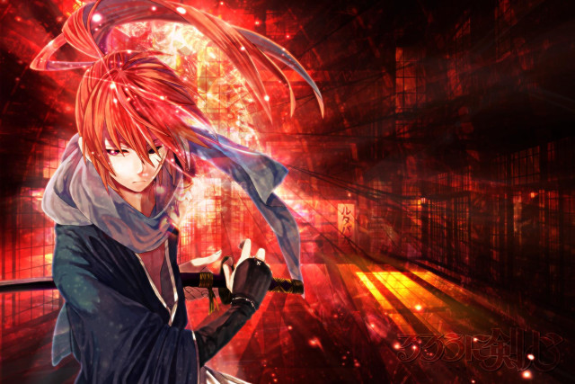 Anime red hair scarf sword free wallpaper for desktop - medium preview image
