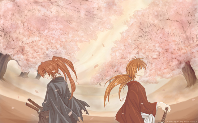 Anime characters pink tree blossoms free wallpaper for desktop - medium preview image