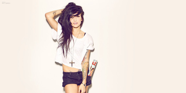 Woman tattoos white shirt skateboard free wallpaper for desktop - medium preview image