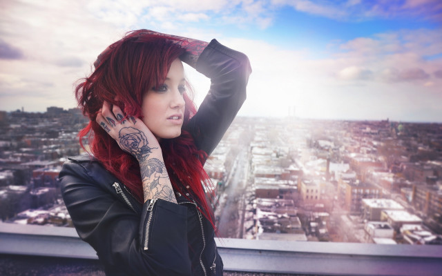 Woman red hair tattoos arm free wallpaper for desktop - medium preview image