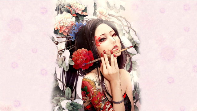 Woman cigarette flowers face smoking free wallpaper for desktop - medium preview image