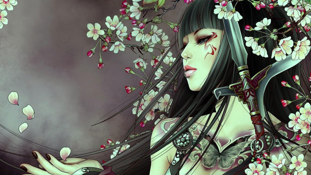 Woman sword flowers neck veil free wallpaper for desktop - medium preview image