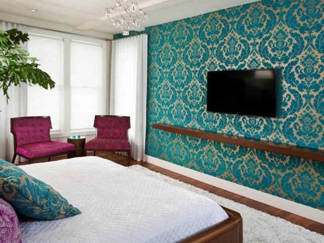 Bedroom large bed tv mounted free wallpaper for desktop - medium preview image
