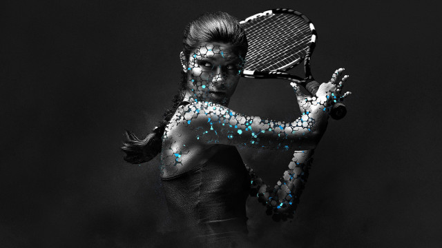 Woman blue paint tennis racket free wallpaper for desktop - medium preview image