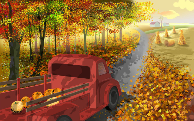 Red truck autumn leaves fall free wallpaper for desktop - medium preview image