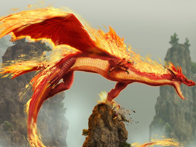Red dragon flying mountain waterfall free wallpaper for desktop - medium preview image