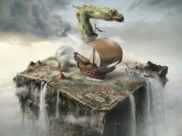 Dragon flying boat waterfall man free wallpaper for desktop - medium preview image