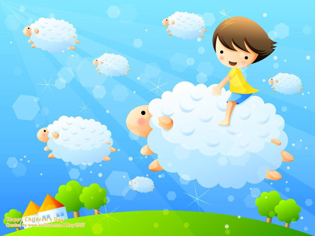Boy riding sheep sky flying free wallpaper for desktop - medium preview image