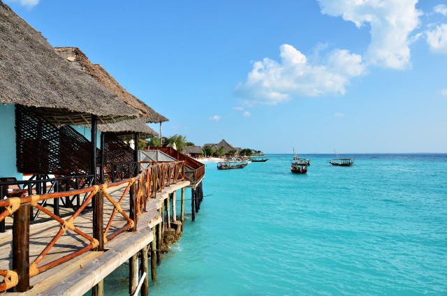 Pier boat thatchedhouse mattepainting beach free wallpaper for desktop - medium preview image