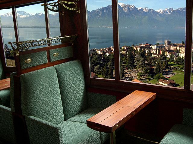 Train lake mountains bench foreground free wallpaper for desktop - medium preview image