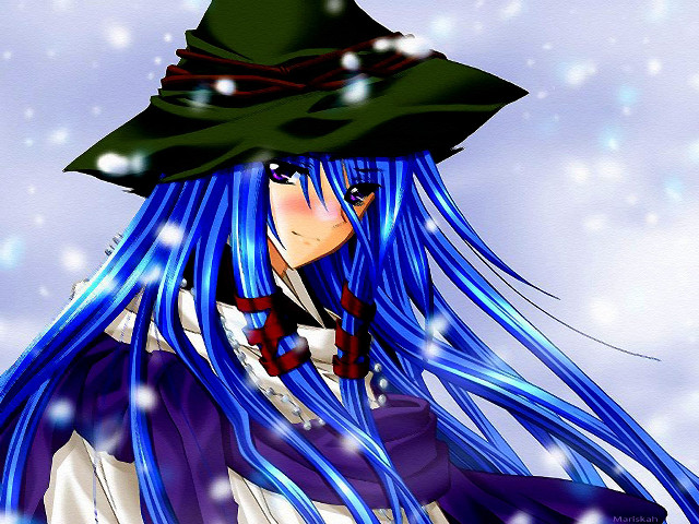 Anime girl bluehair greenhat magic free wallpaper for desktop - medium preview image