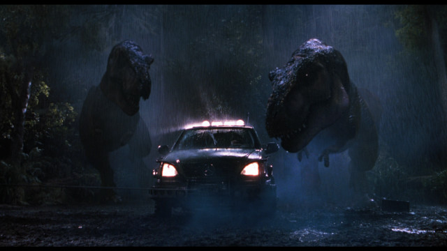 Car forest dinosaurs rain night free wallpaper for desktop - medium preview image
