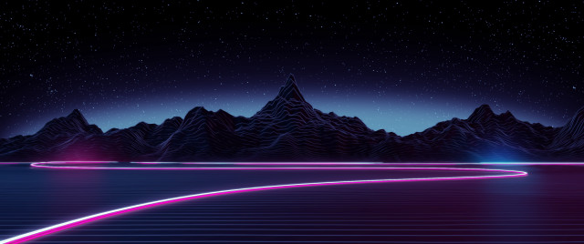 Neon road mountain night synthwave free wallpaper for desktop - medium preview image