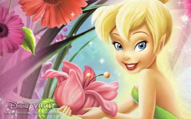 Cartoon tinkerbell holding flower smiling free wallpaper for desktop - medium preview image