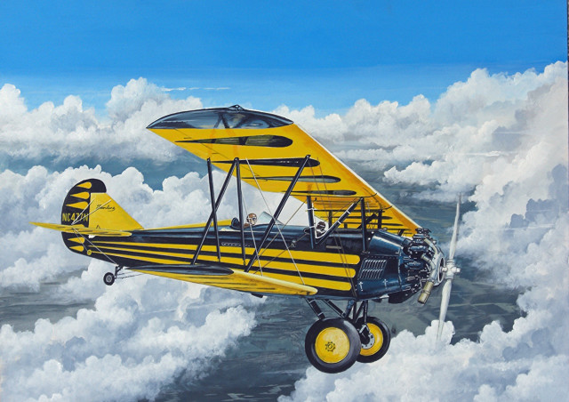 Yellow black biplane flying above free wallpaper for desktop - medium preview image