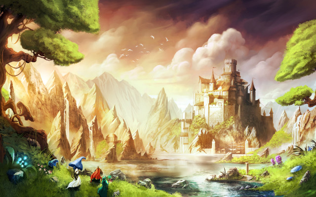 Castle forest river people painting free wallpaper for desktop - medium preview image